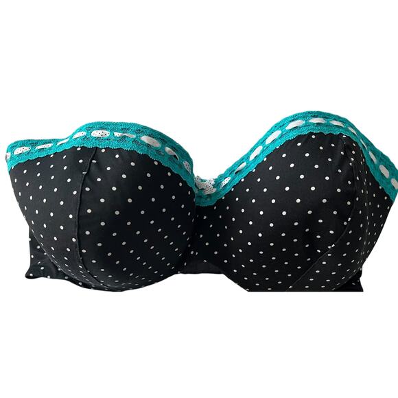 CACIQUE PADDED UNDER WIRE HOOK & EYE BRA, WOMENS, 42F, BLACK POLKA DOT-TEAL LACE - Picture 2 of 10